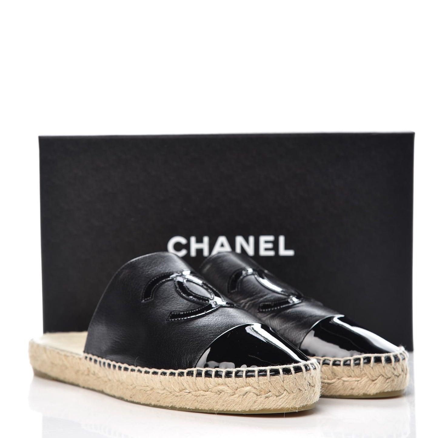 Iridescent Goatskin Patent CC Espadrille Mules 41 Black
