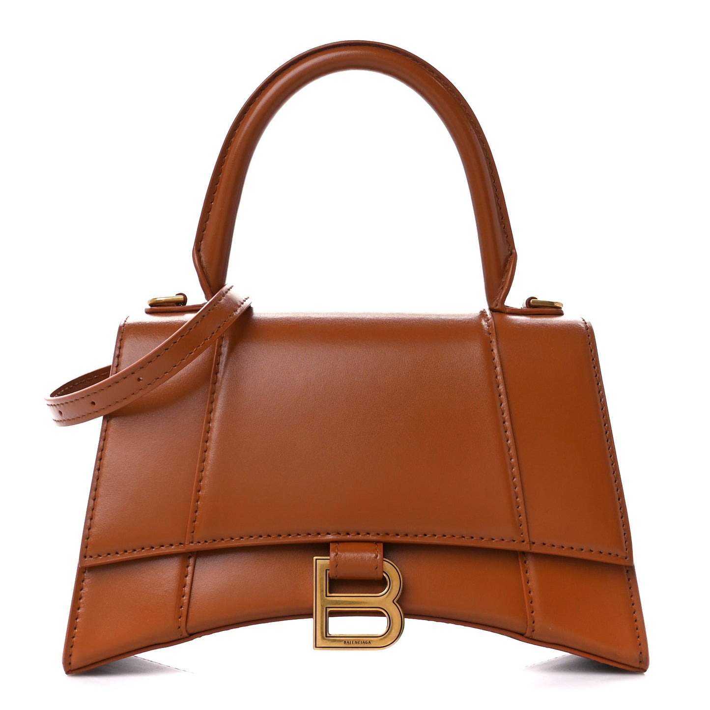 Shiny Box Calfskin Small Hourglass Top Handle Bag Camel
