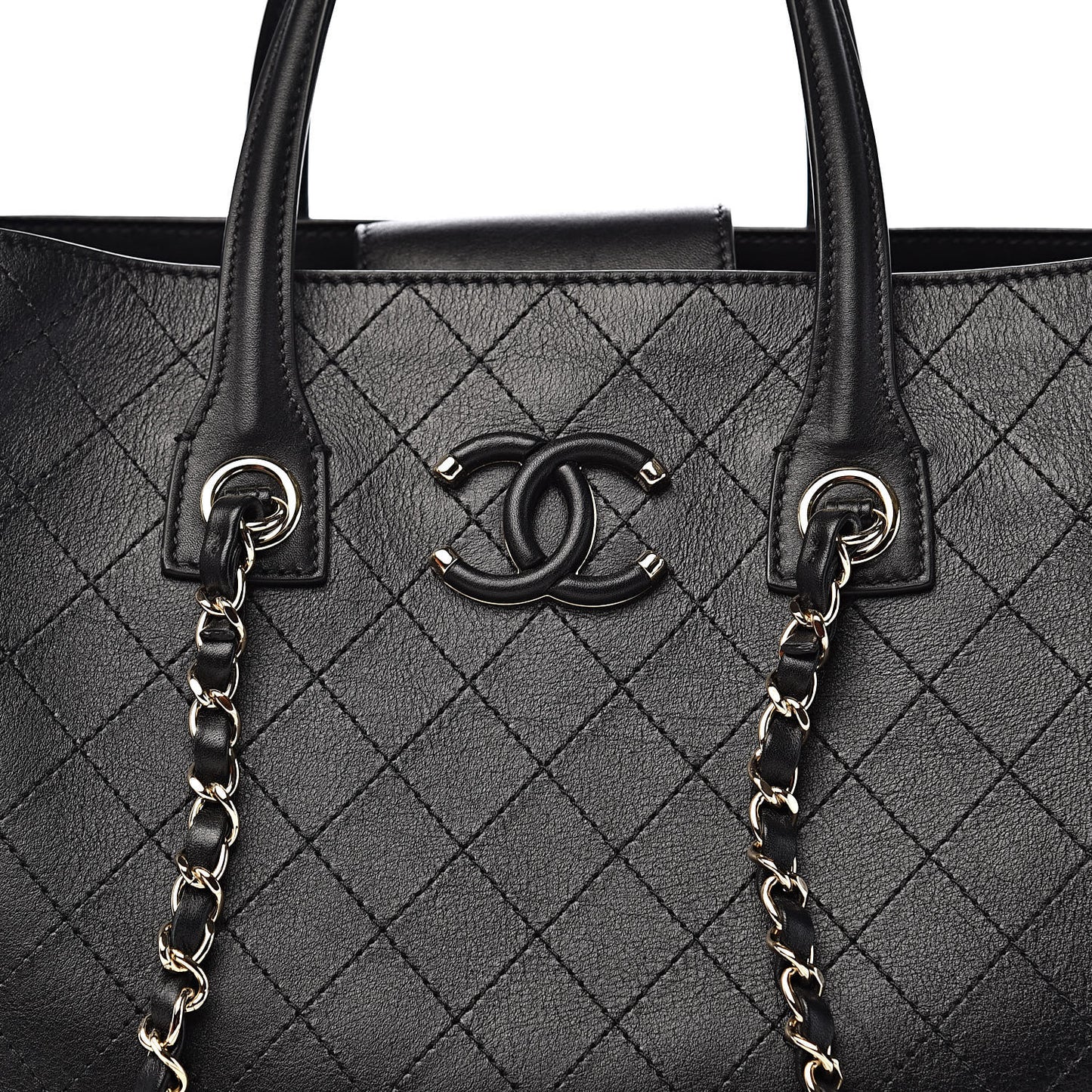 Calfskin Stitched Shopping Tote Black