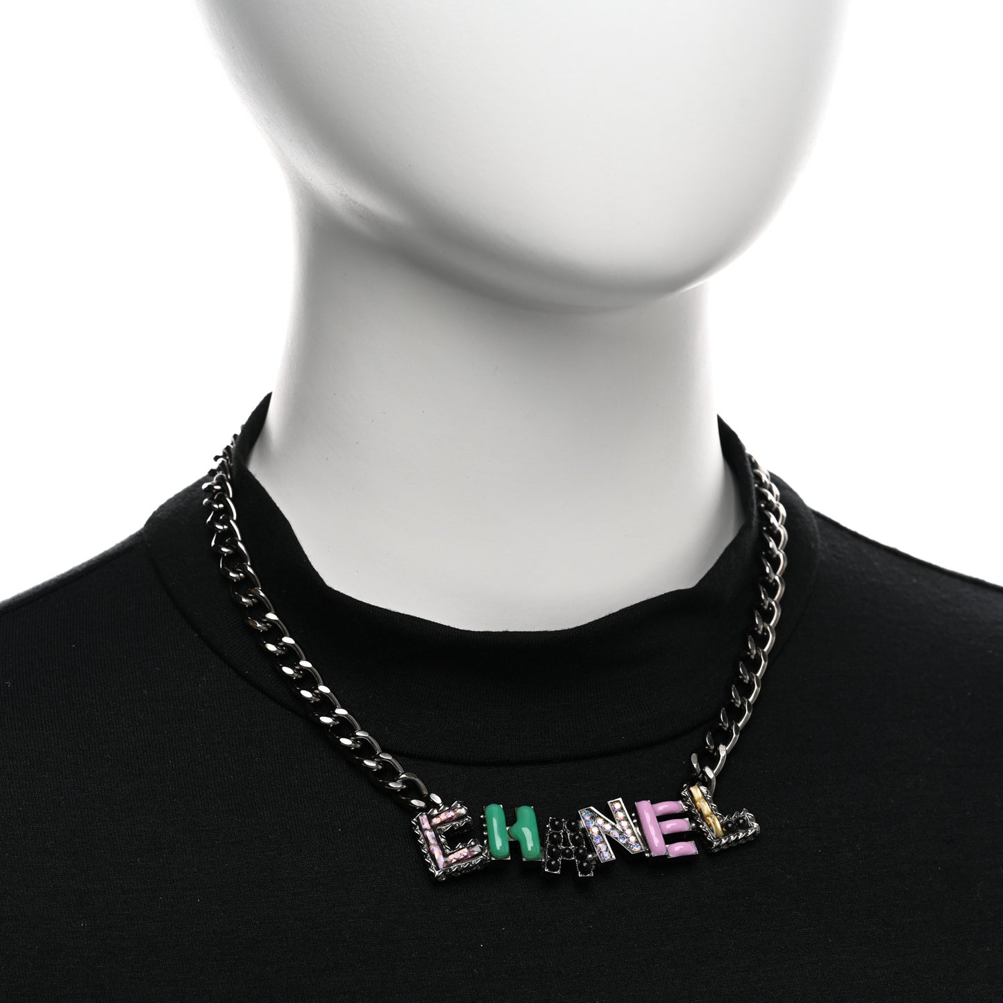 Crystal Enamel Pearl CC Logo Chain Choker Ruthenium Multicolor