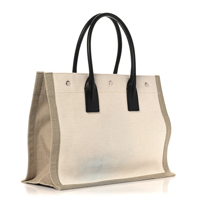 Saint Laurent Linen Calfskin Small Rive Gauche Tote Greggio Natural 3 of 11