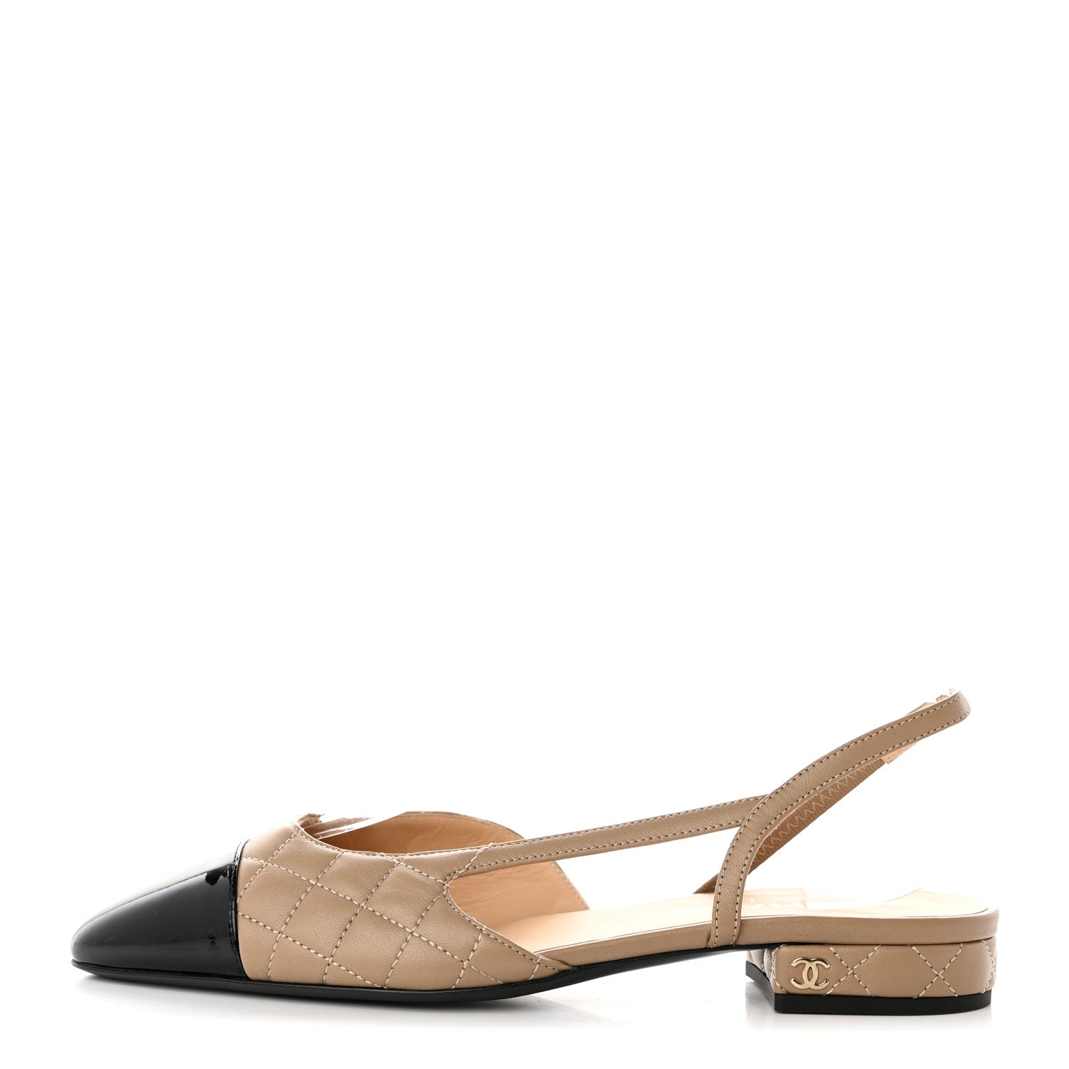 42334248 Chanel Lambskin Patent Cap Toe CC Slingback Flats 37.5 Beige Black ...