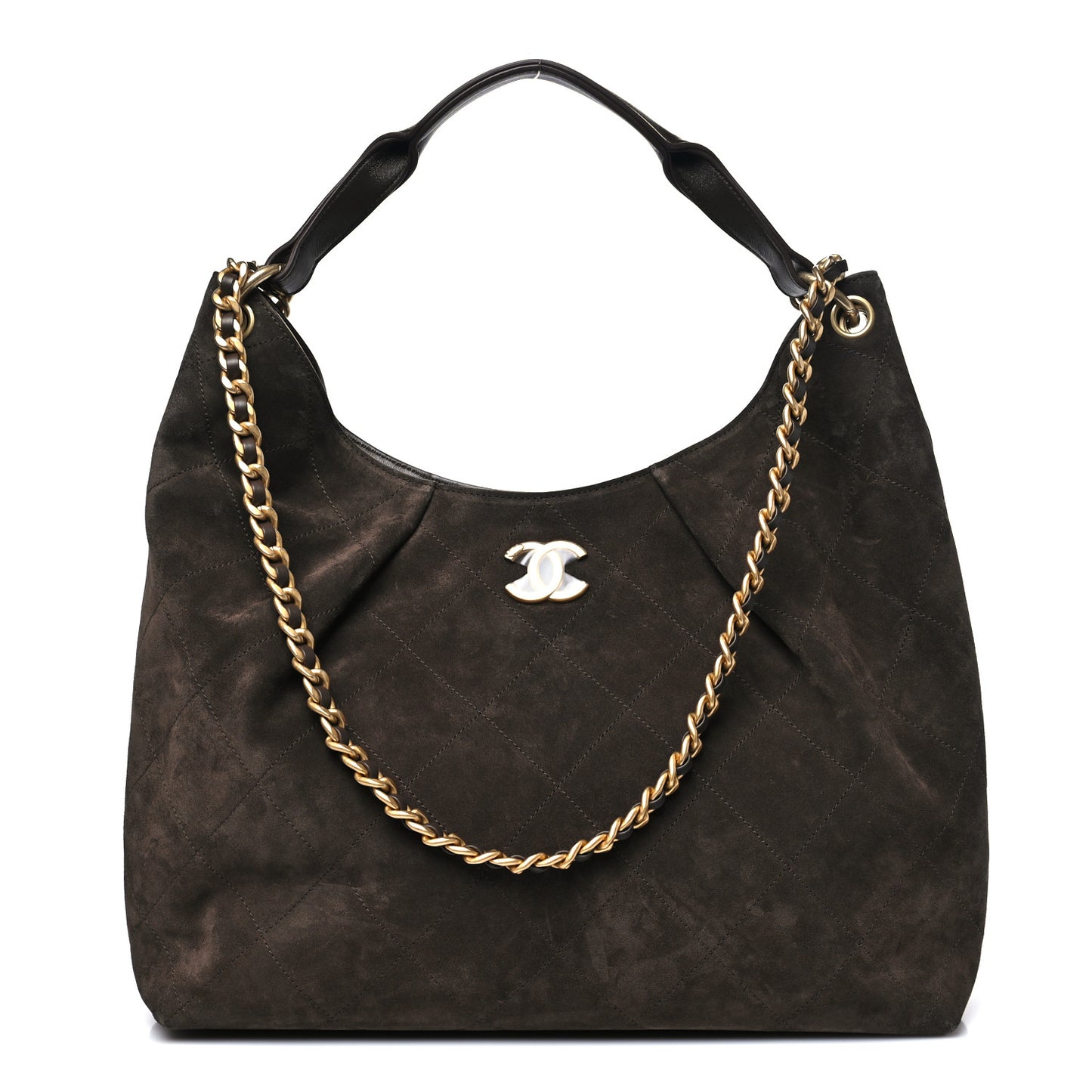 Suede Calfskin Lambskin Quilted Maxi Hobo Dark Brown