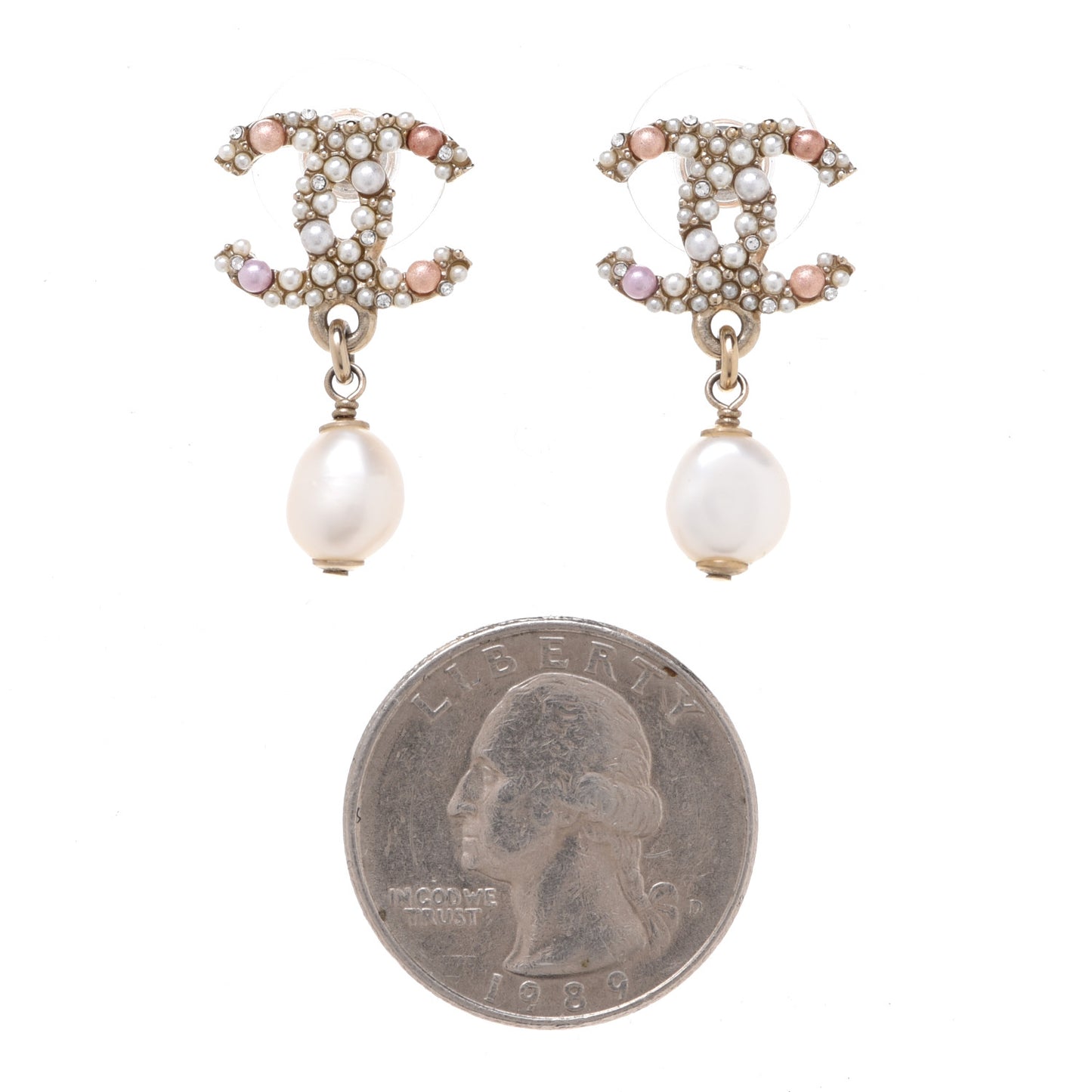 Pearl Crystal CC Charm Drop Earrings Light Gold Pink