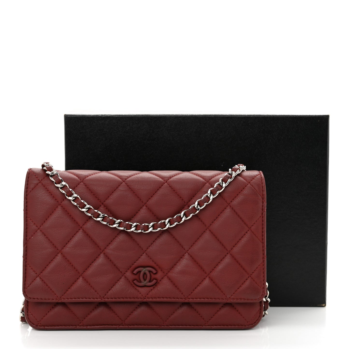 Aged Calfskin Quilted Wallet On Chain WOC Burgundy