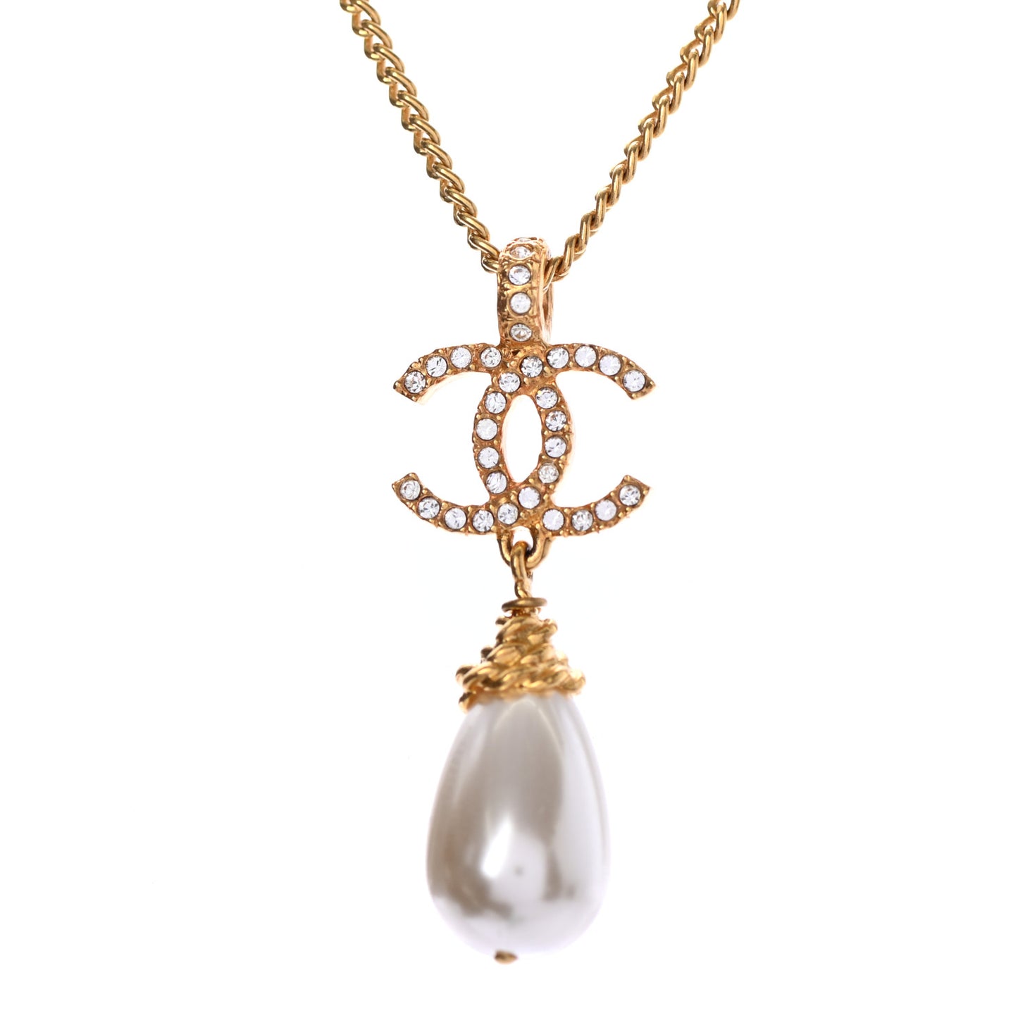 Pearl Crystal Twisted CC Drop Necklace Gold