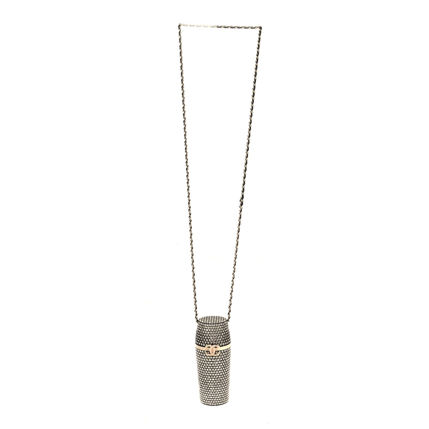 Chanel Metal Resin Lambskin Crystal Lipstick Case Long Necklace On Chain Silver Black Gold 3 of 4