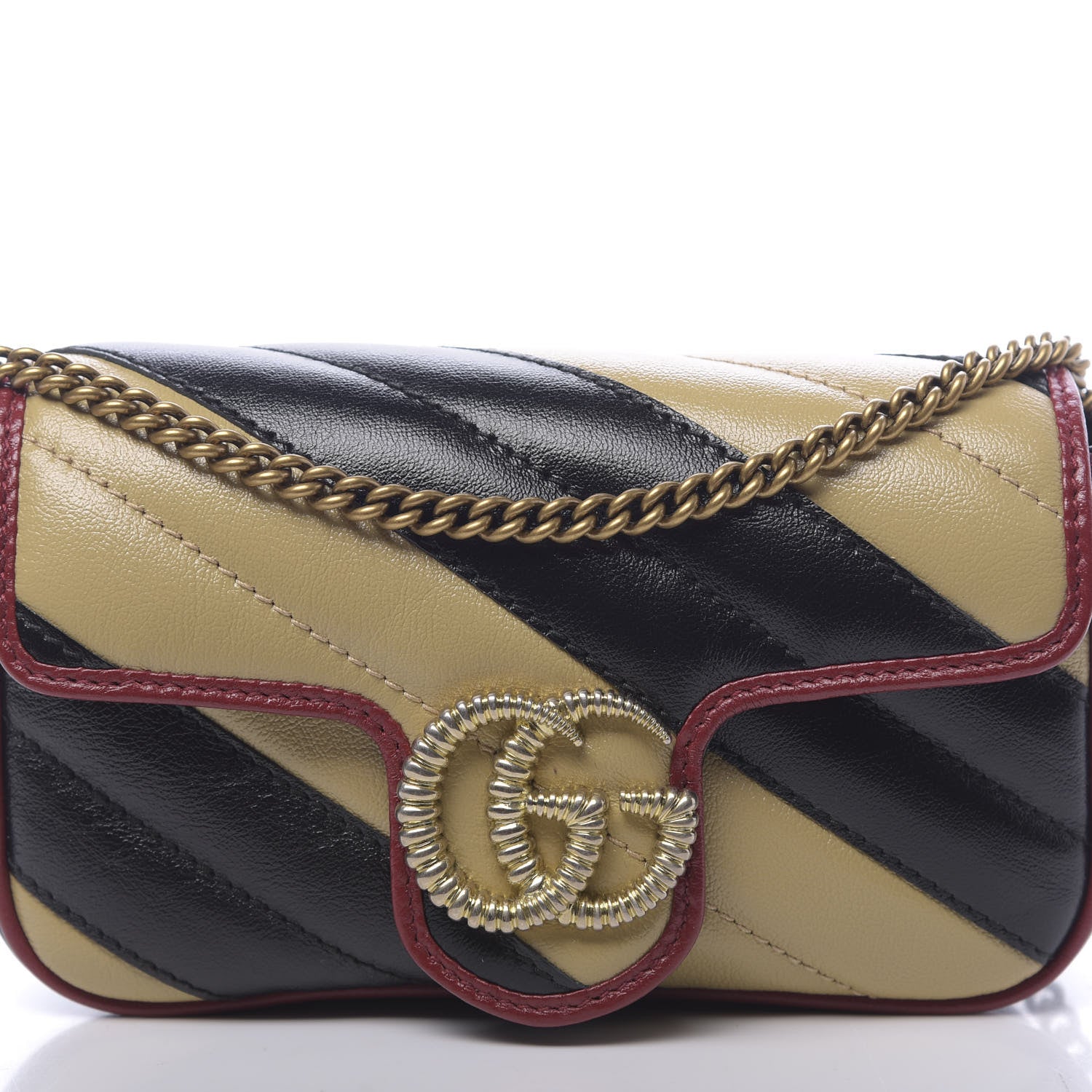 Gucci Vintage Effect Calfskin Matelasse Diagonal Striped Super Mini Torchon GG Marmont Shoulder Bag Black Beige 10 of 11