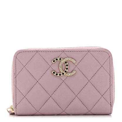 Chanel Lambskin Quilted Pearl Crystal CC Zip Around Coin Purse Wallet Pink 1 of 9