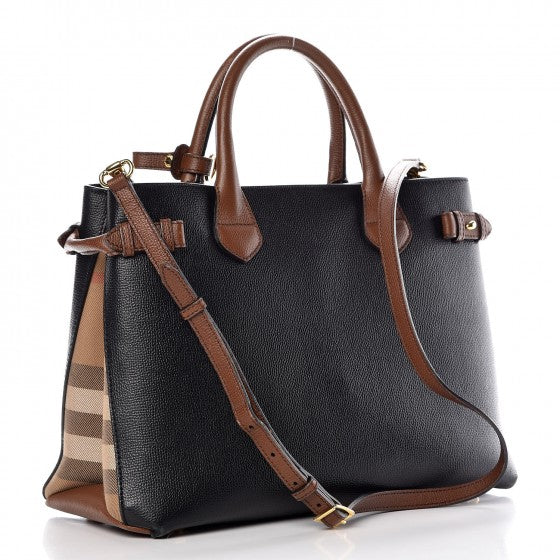 Grainy Calfskin House Check Two Tone Medium Banner Tote Black Brown