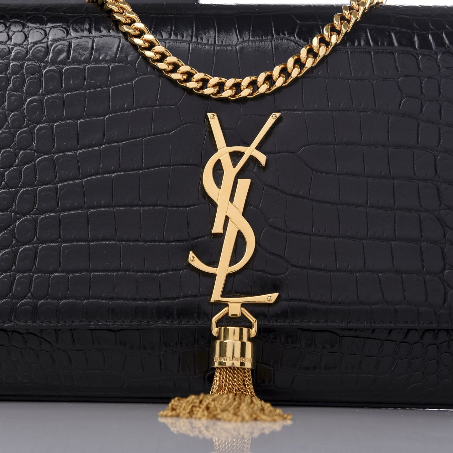 Calfskin Crocodile Embossed Medium Classic Monogram Kate Tassel Satchel Black