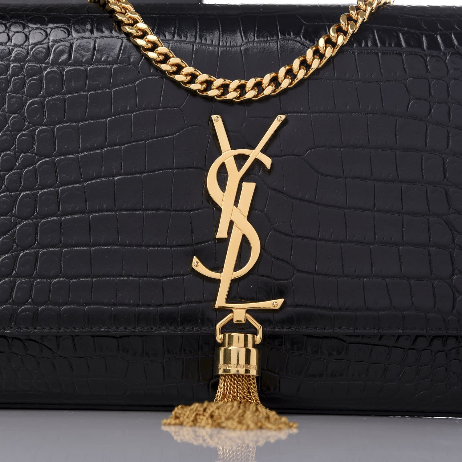 Saint Laurent Calfskin Crocodile Embossed Medium Classic Monogram Kate Tassel Satchel Black 9 of 10