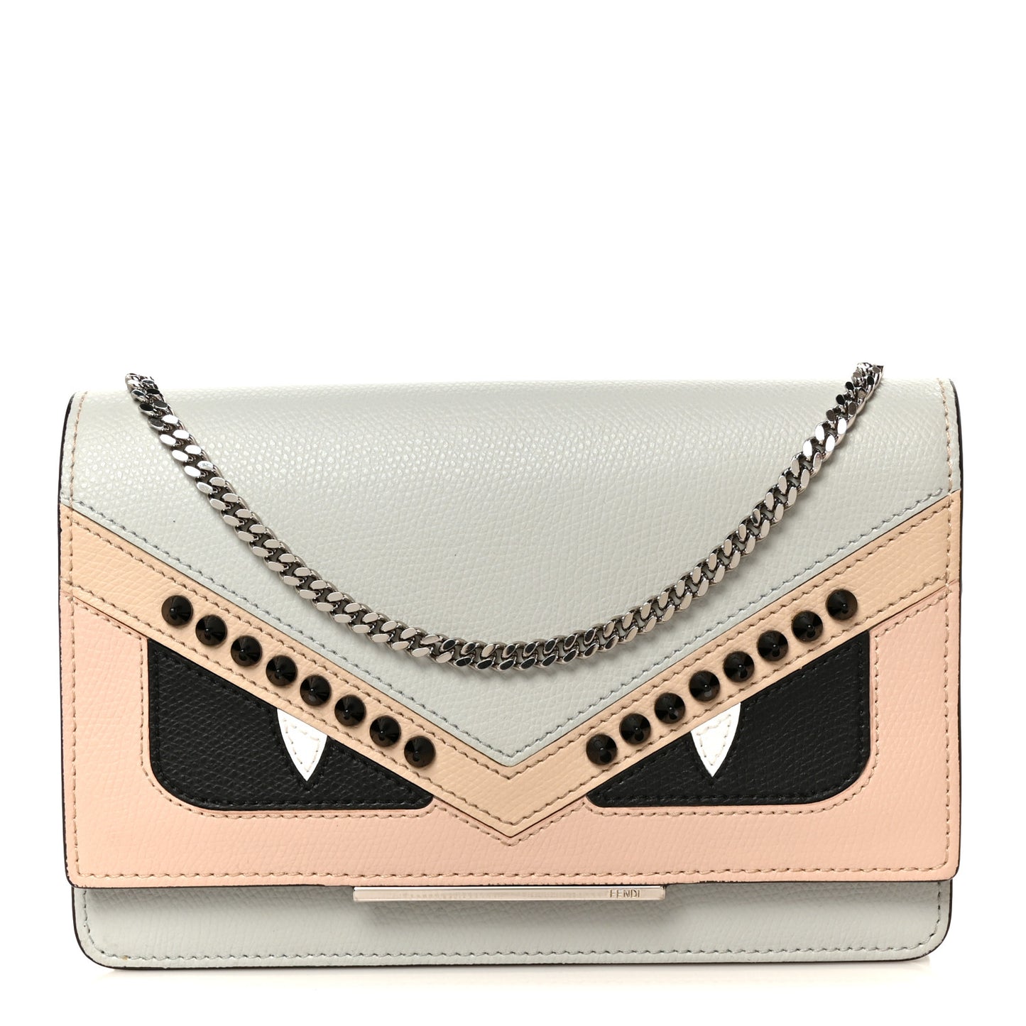 Vitello Elite Monster Eyes Studded Tube Wallet on Chain Grigio Perla Multicolor