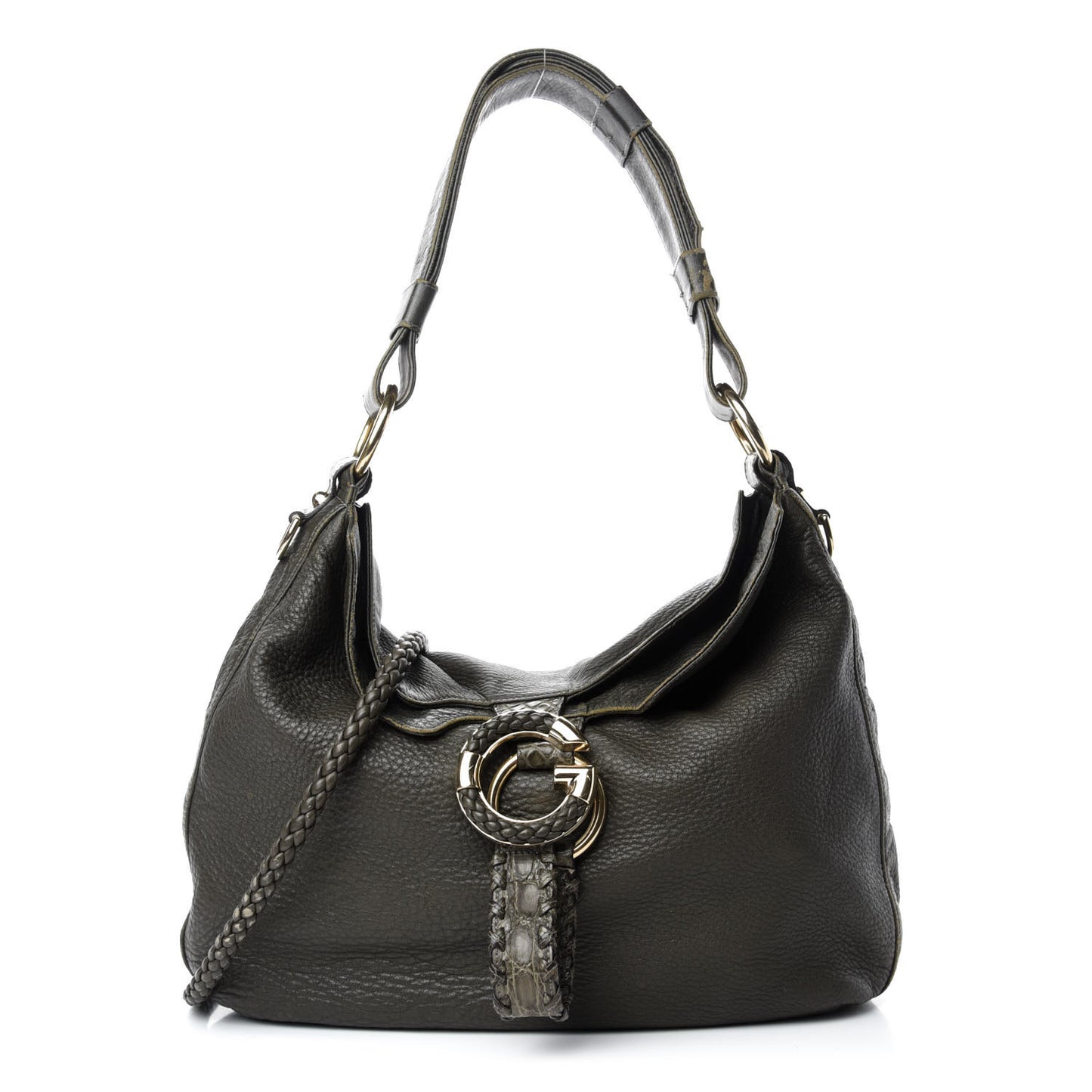 Pebbled Calfskin Medium G Wave Shoulder Bag Olive Green