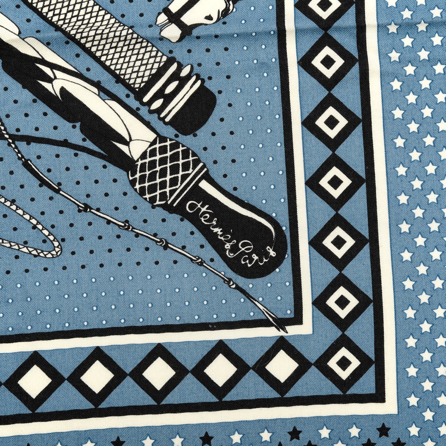 Silk Cashmere Fouets Et Badines Bandana Shawl 140 Bleu Orage White