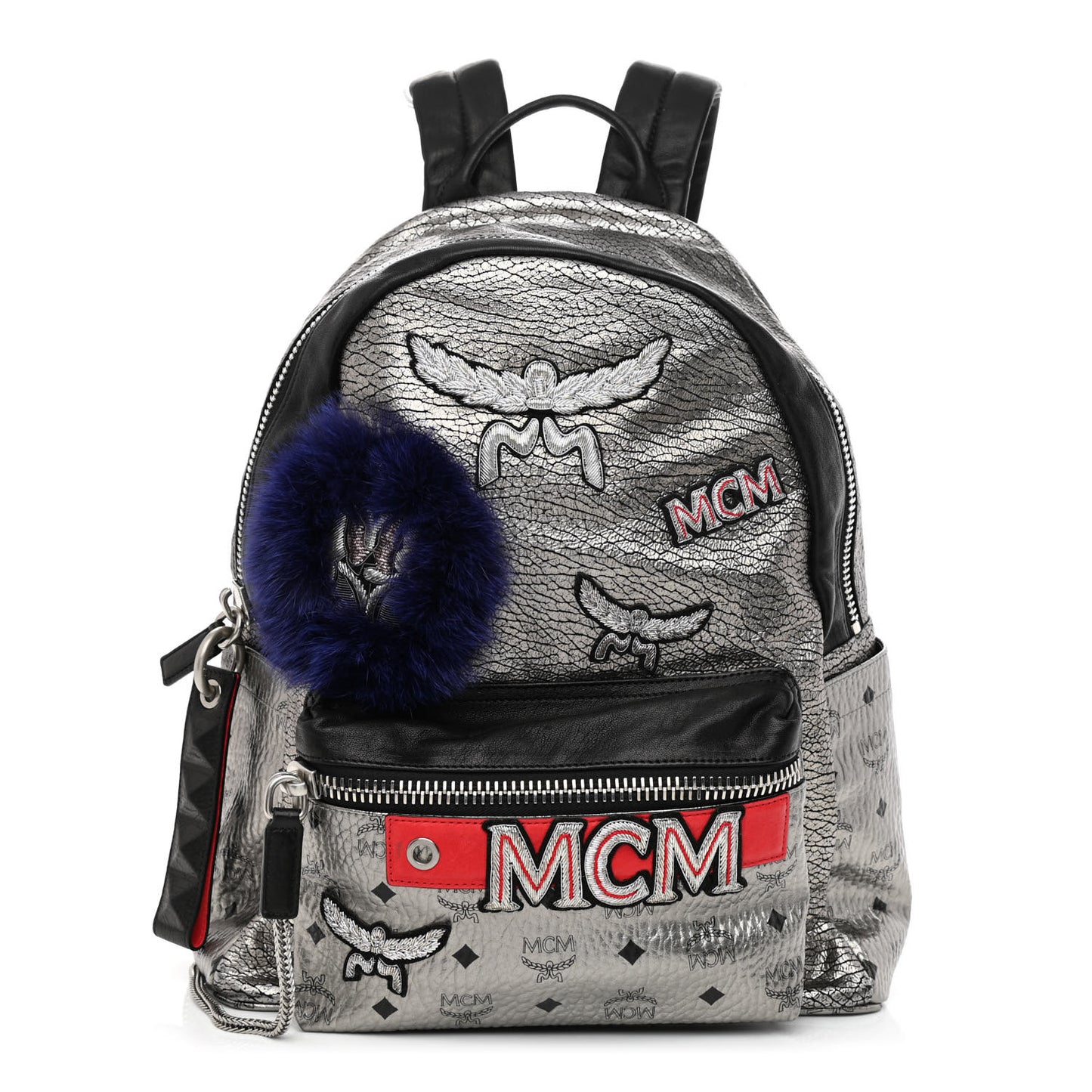 Metallic Visetos Medium Fox Fur Insignia Side Stud Stark Backpack Silver Black