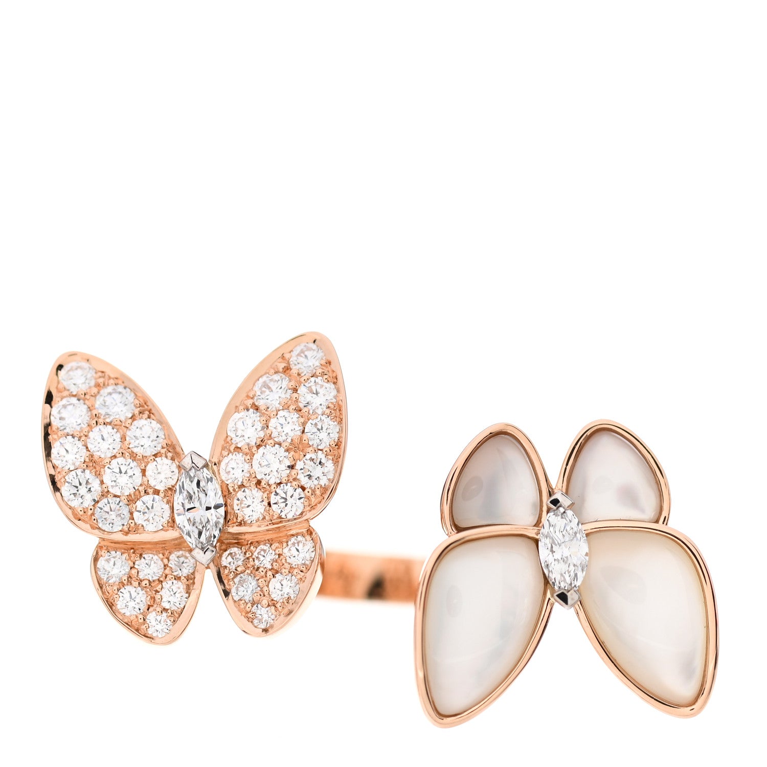 Van Cleef & Arpels 18K Rose Gold Diamond Mother of Pearl Two Butterfly Between The Finger Ring 50 5.25 1 of 6