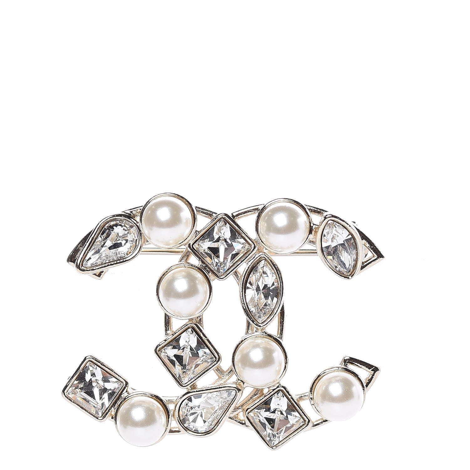 Chanel Metal Glass Pearl CC Crystal Snowfall Brooch Gold 1 of 5