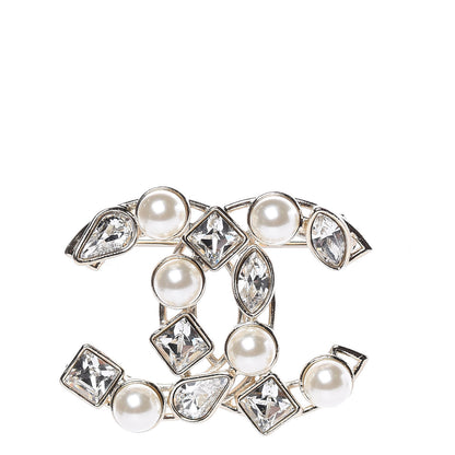 Chanel Metal Glass Pearl CC Crystal Snowfall Brooch Gold 1 of 5