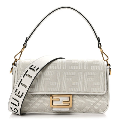 Fendi Canvas Vitello King Extra Strap FF Embroidered Baguette White Ice 1 of 11