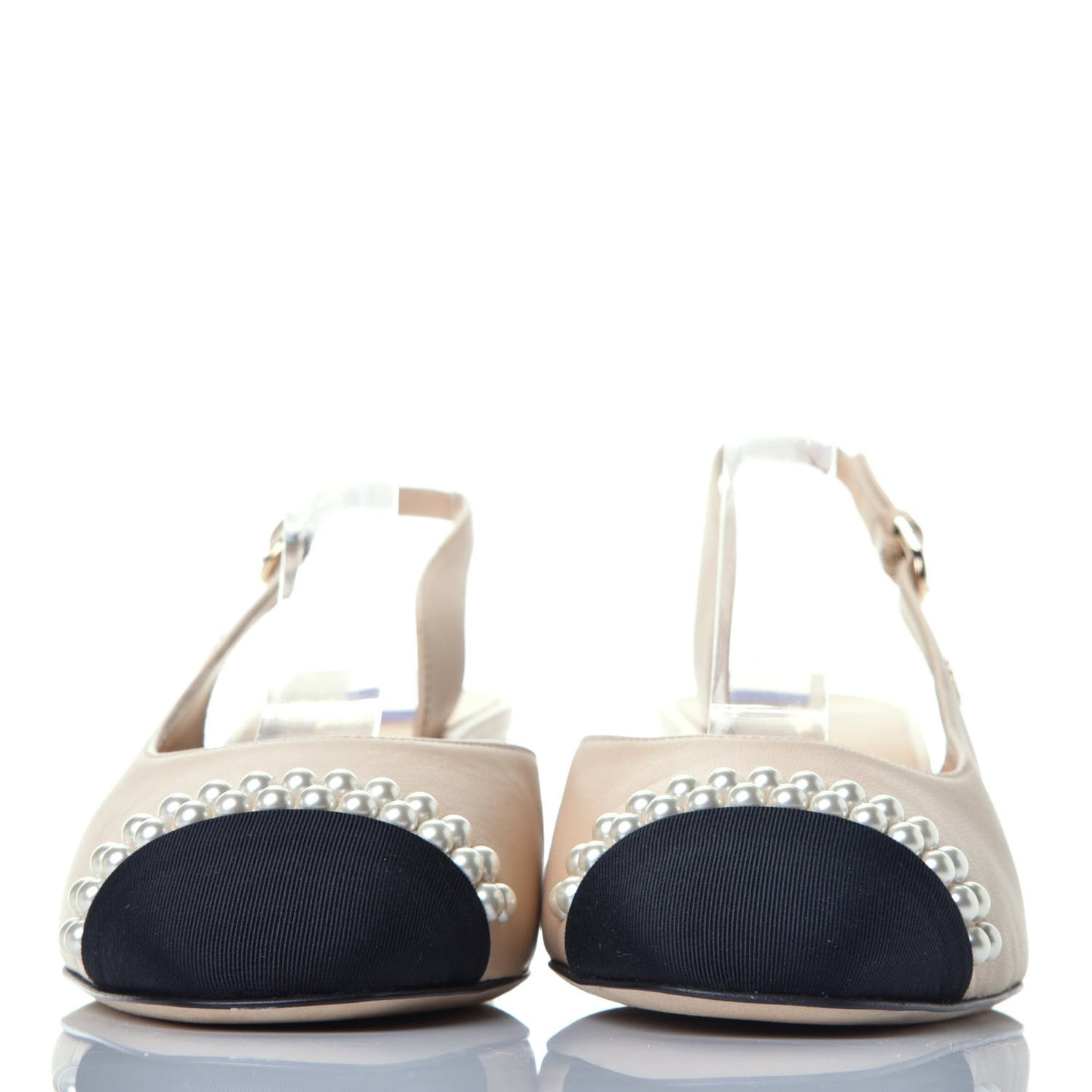 Lambskin Grosgrain Pearl Cap Toe CC Slingback Pumps 37 Beige Black
