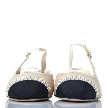 Chanel Lambskin Grosgrain Pearl Cap Toe CC Slingback Pumps 37 Beige Black 2 of 9