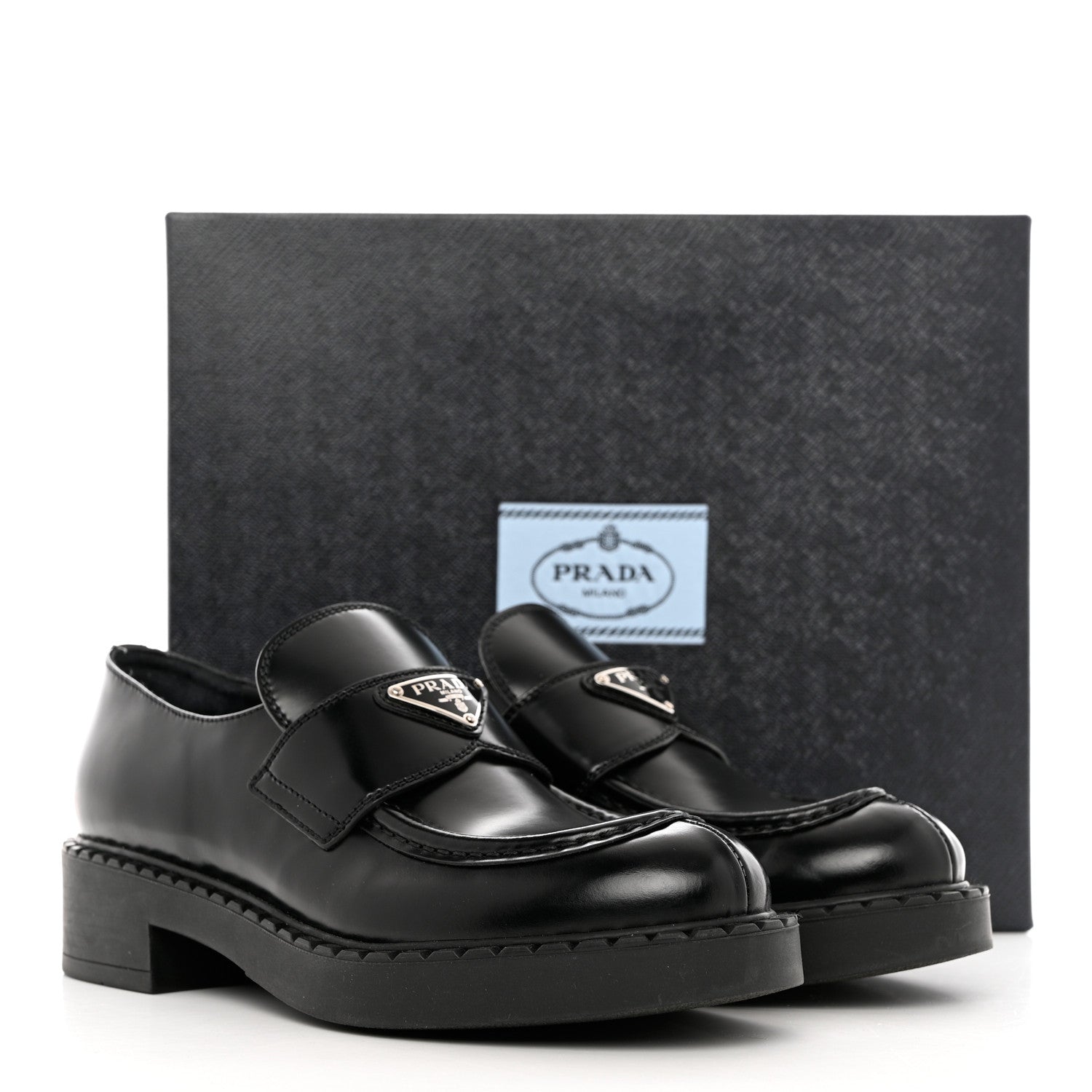 Prada Spazzolato Metal Triangle Logo 50mm Loafers 39 Black 10 of 10