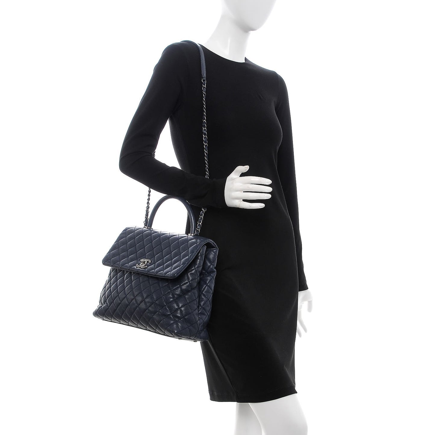 Caviar Quilted Large Coco Handle Flap Navy Blue