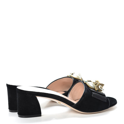 Gucci Velvet Etoile Pearl Embellished Mid Heel Slide Sandals 35.5 Black 4 of 8