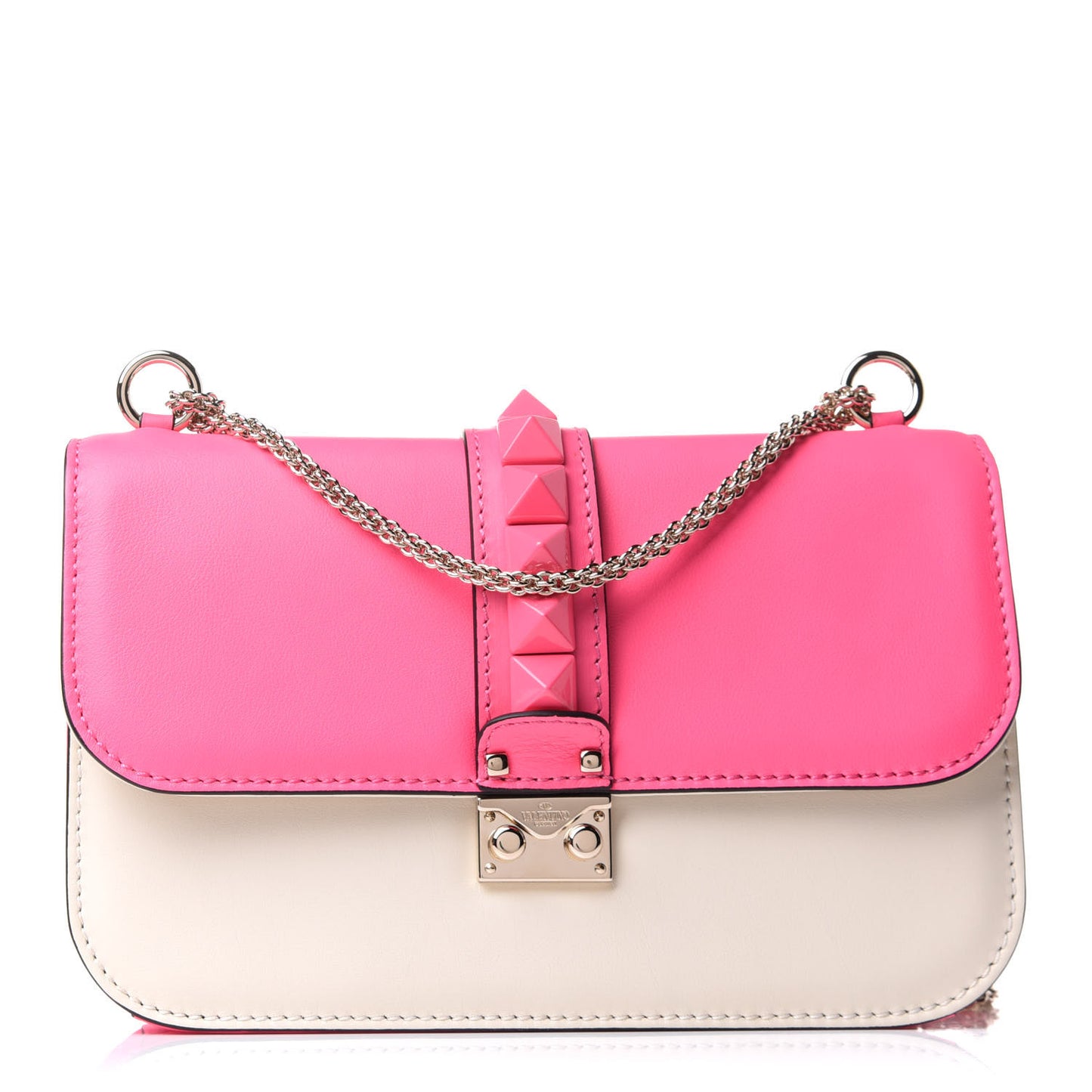 Vitello Medium Glam Lock Rockstud Flap Fuxia Fluo Light Ivory