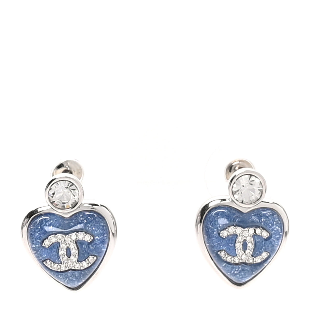 Resin Crystal CC Heart Earrings  Silver Blue