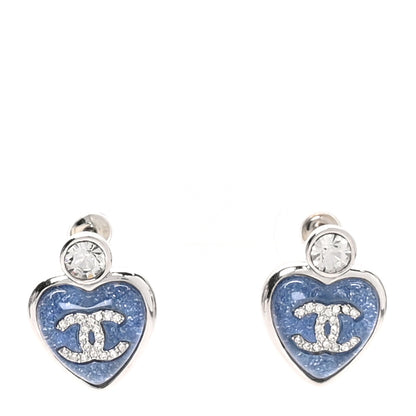 Chanel Resin Crystal CC Heart Earrings  Silver Blue 1 of 4