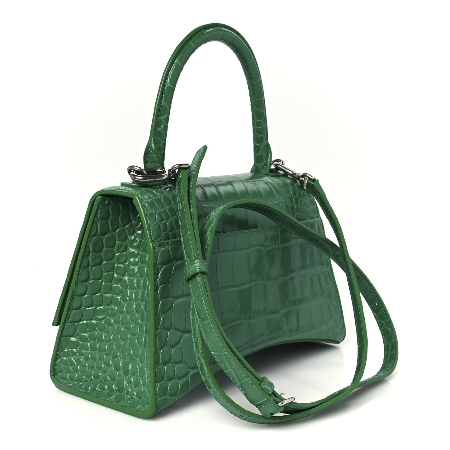 Shiny Calfskin Crocodile Embossed Small Hourglass Top Handle Bag Leaf Green