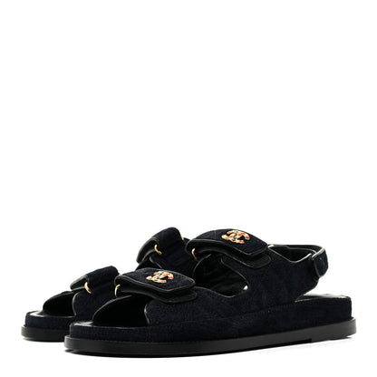 Chanel Velvet Velcro Dad Sandals 38.5 Navy Blue 3 of 8