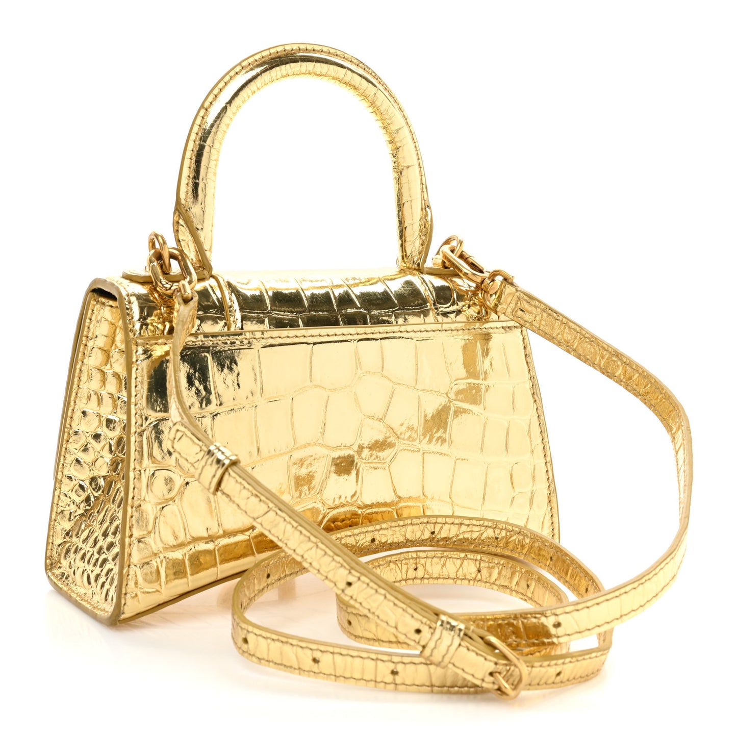 Metallic Calfskin Crocodile Embossed Hourglass Top Handle Bag XS Gold