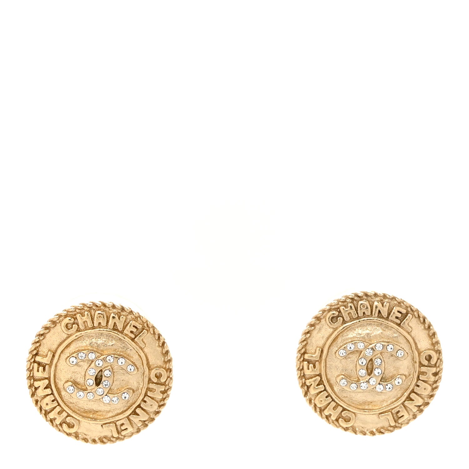 Chanel Metal Crystal CC Medallion Round Earrings Gold 1 of 5