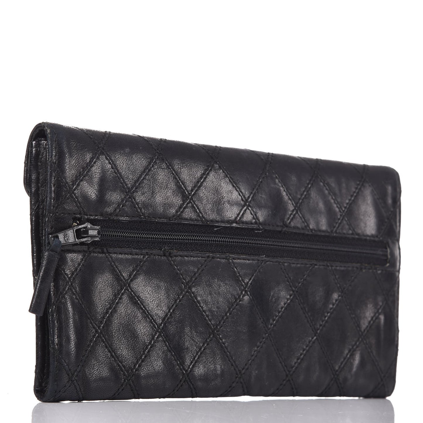 Lambskin Diamond Stitched Envelope Long Flap Wallet Black