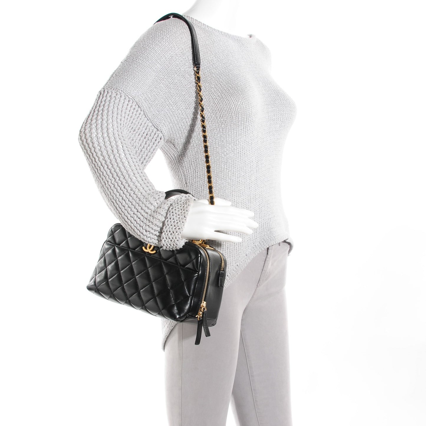 Lambskin Quilted Medium Trendy CC Bowling Bag Black