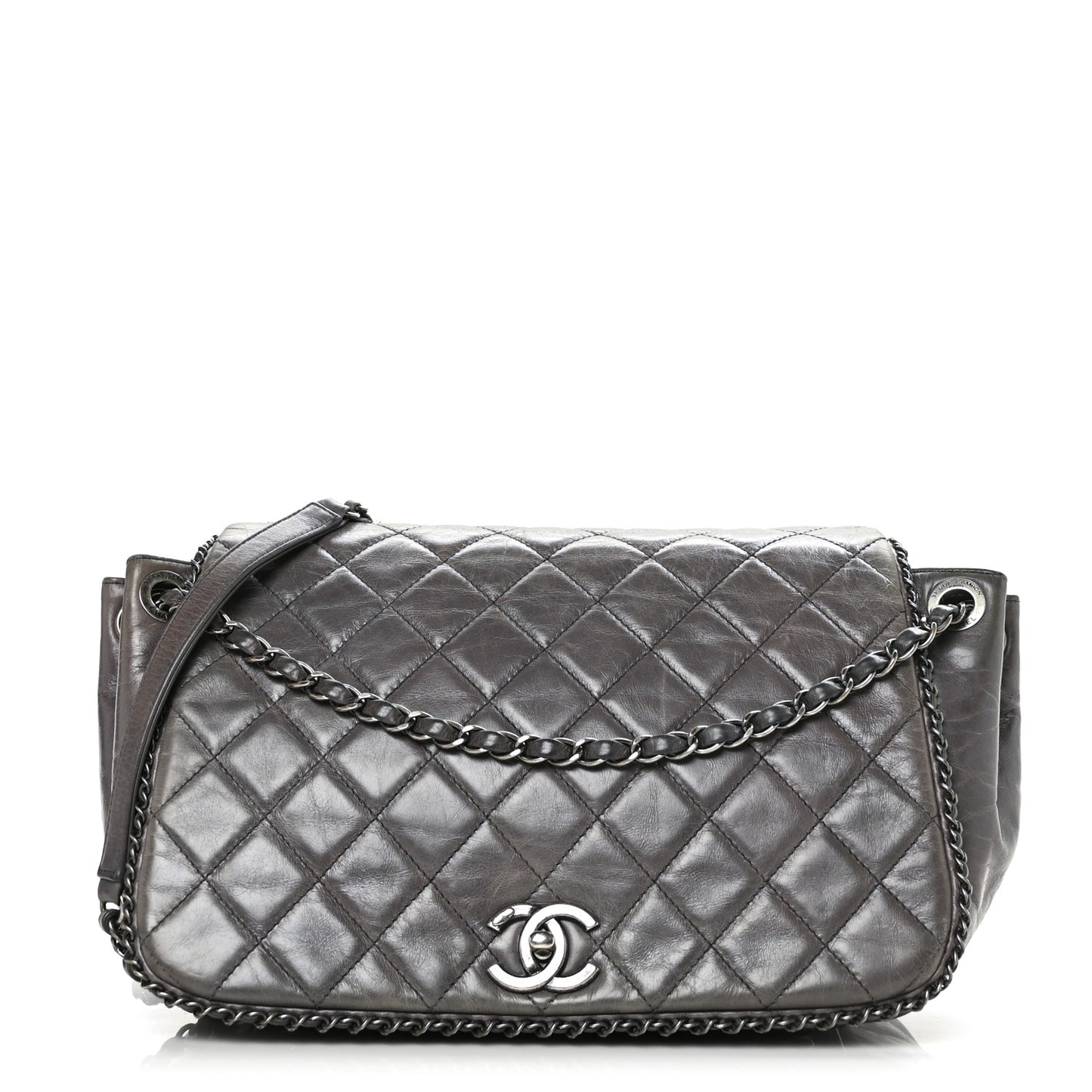 Calfskin Quilted Large CC Enchained Accordion Flap Grey