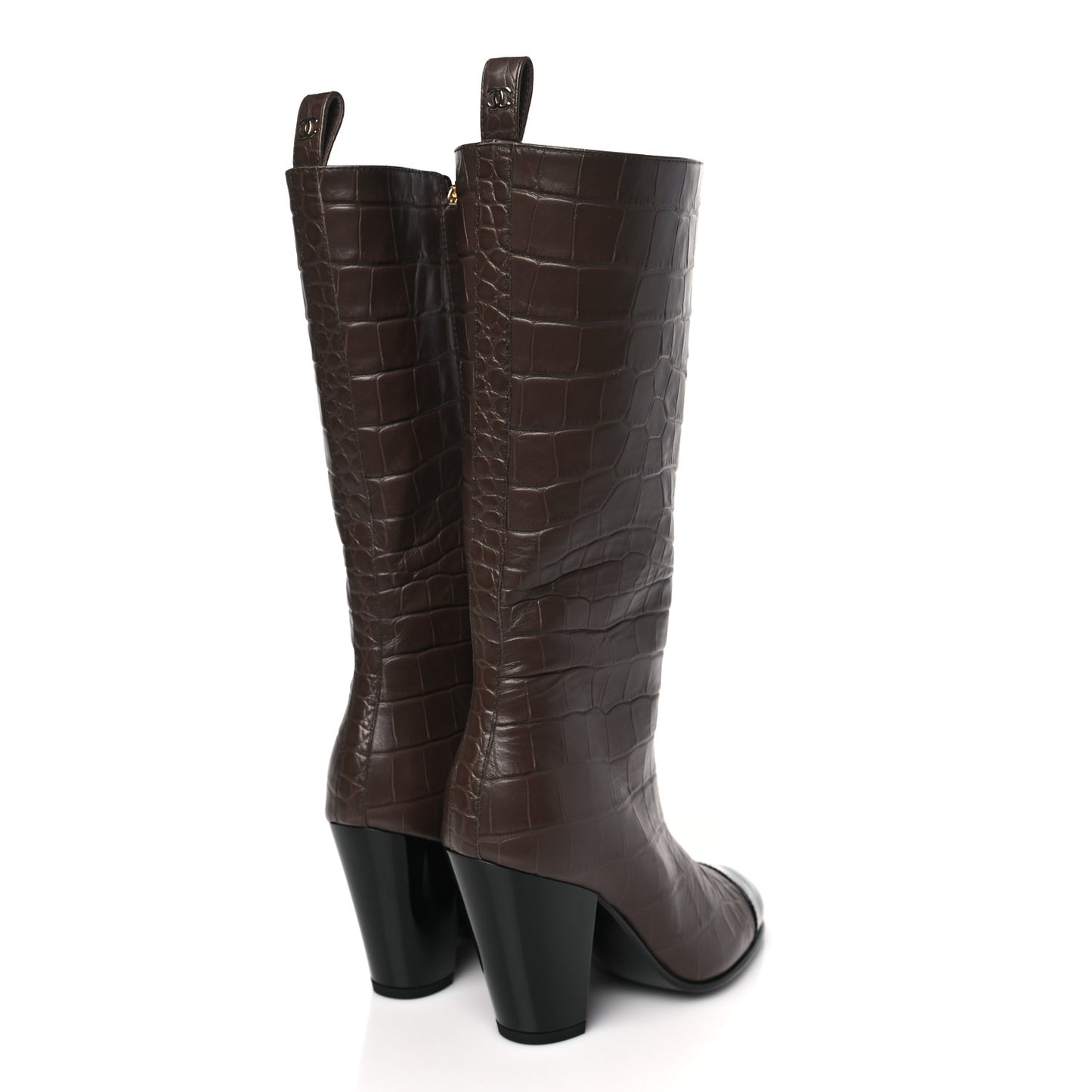 Calfskin Crocodile Embossed Cap Toe High Boots 35 Gold