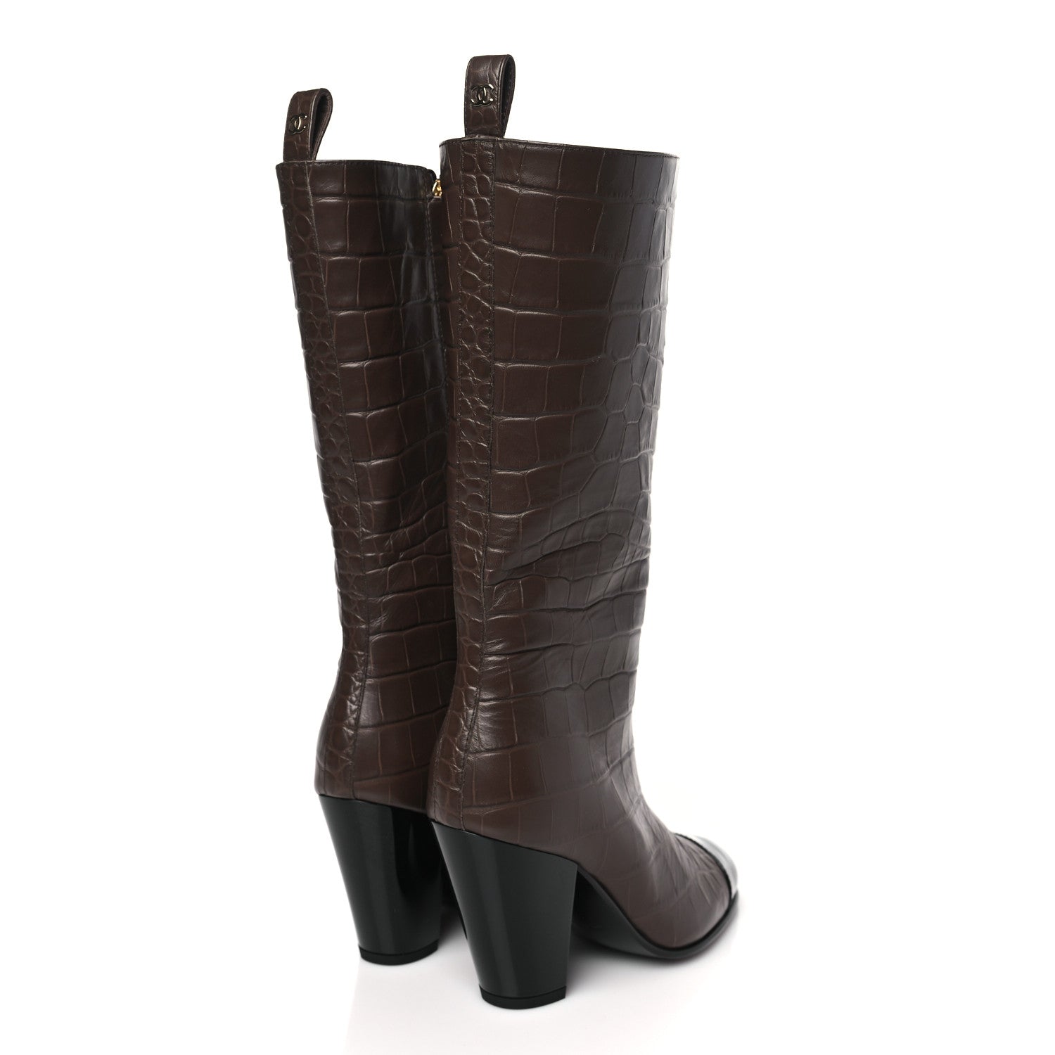 Chanel Calfskin Crocodile Embossed Cap Toe High Boots 35 Gold 4 of 8