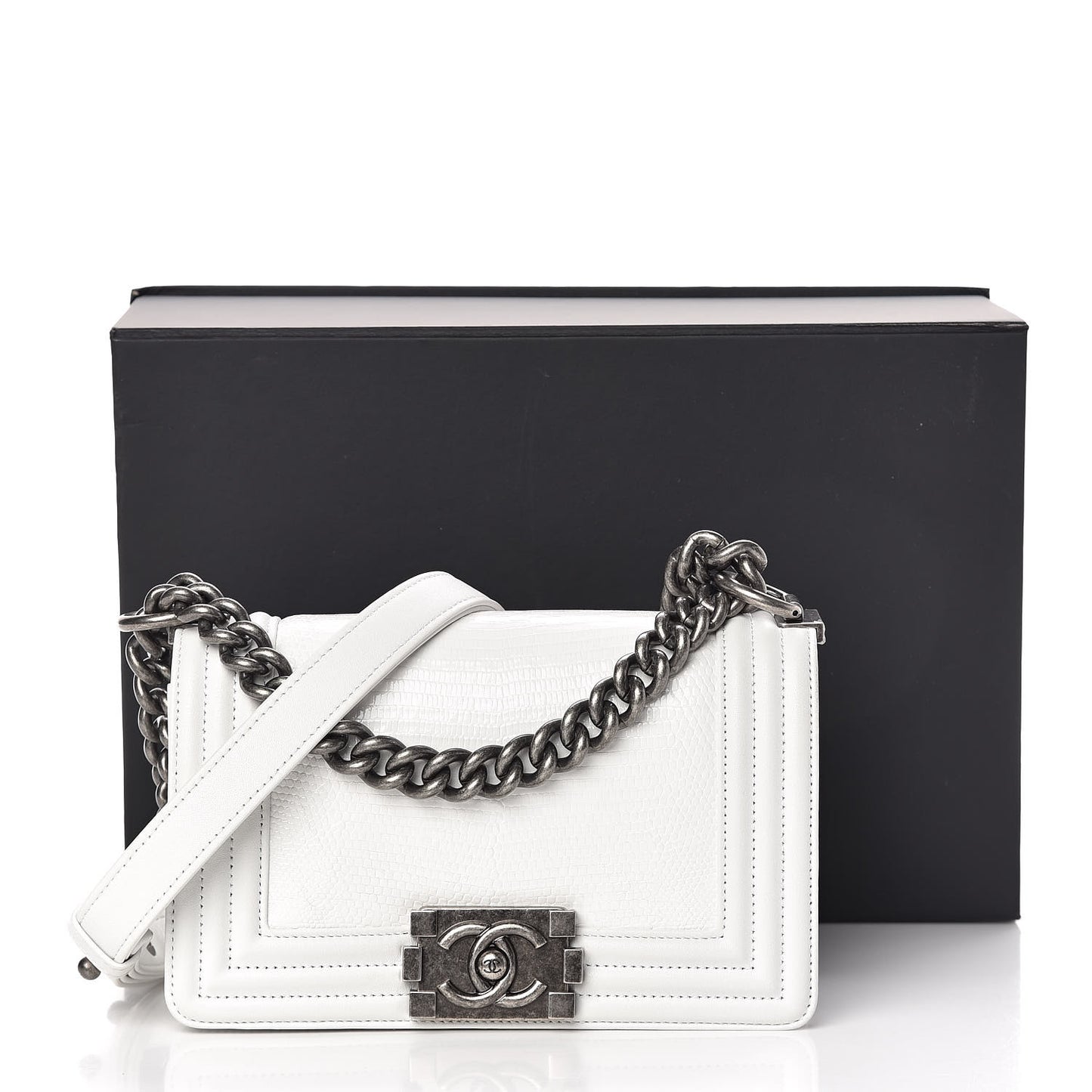 Lizard Calfskin Small Boy Flap White