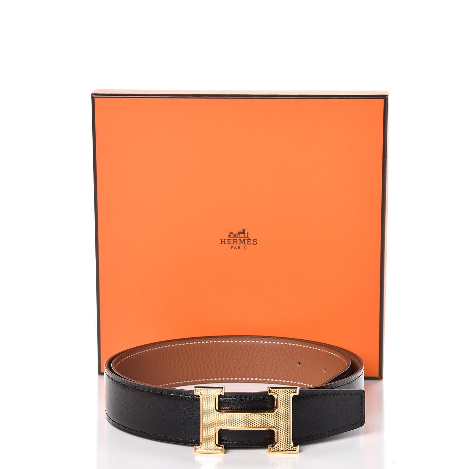 Hermes Box Togo 32mm Guilloche H Belt 85 Black Gold 7 of 7
