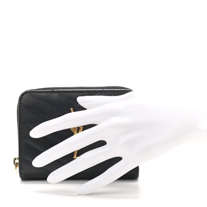 Saint Laurent Grain De Poudre Matelasse Chevron Monogram Compact Zip Around Wallet Black 2 of 7