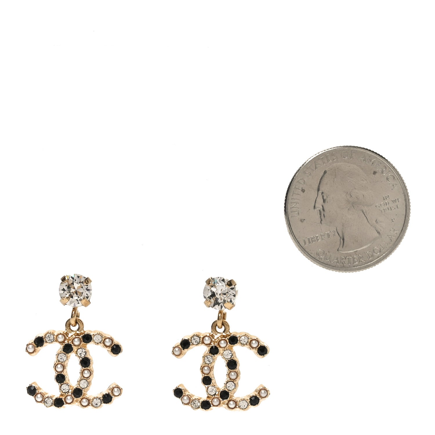 Chanel Resin Crystal Pearl CC Drop Earrings Gold Black 2 of 4