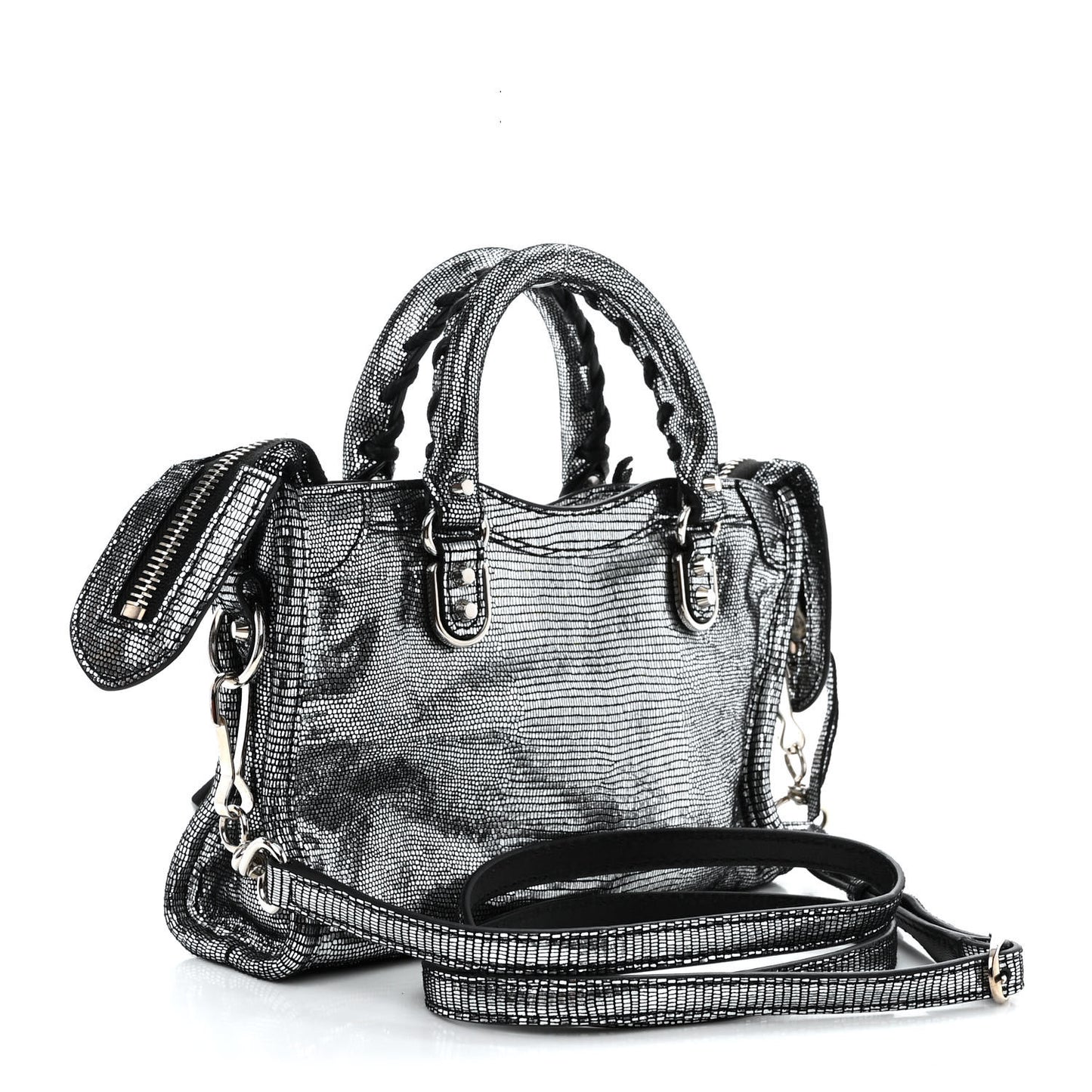 Metallic Calfskin Lizard Embossed Silver Metallic Edge Hardware Nano City Silver