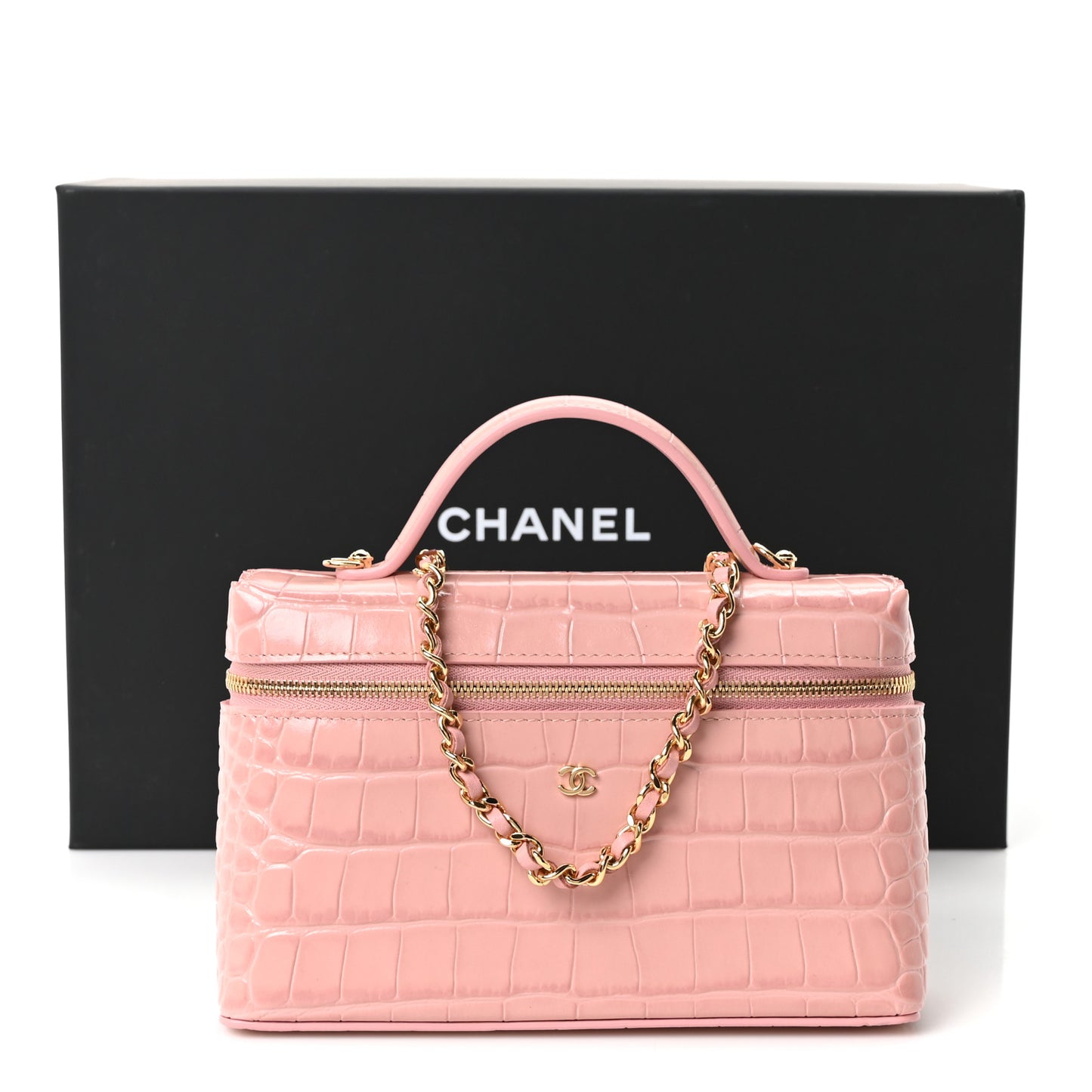 Calfskin Crocodile Embossed Crococo Top Handle Slim Vanity Case With Chain Pink
