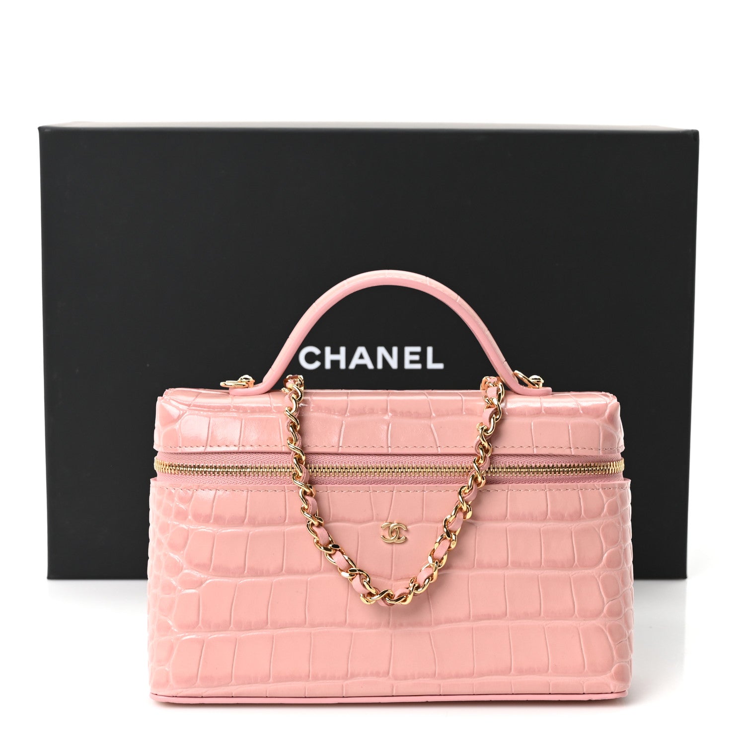 Chanel Calfskin Crocodile Embossed Crococo Top Handle Slim Vanity Case With Chain Pink 11 of 11