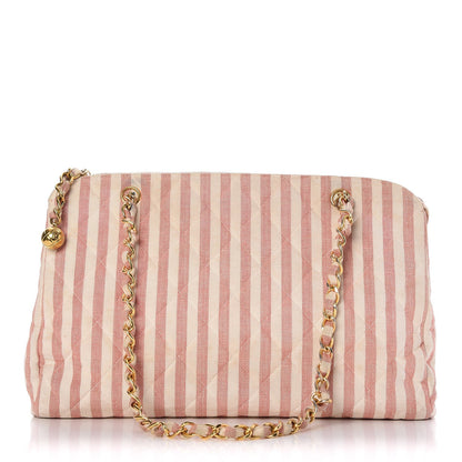 Chanel Canvas Quilted Striped Tote Red White 1 of 11