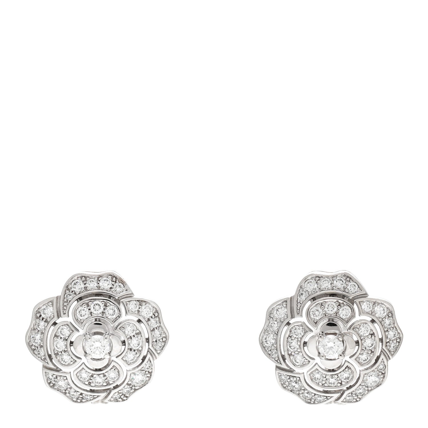 Chanel 18K White Gold Diamond Bouton de Camelia Earrings 1 of 5